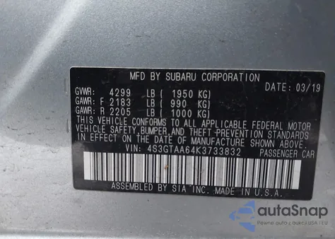 2019 Subaru Impreza 2.0I z USA, uszkodzony, nr VIN 4S3GTAA64K3733832